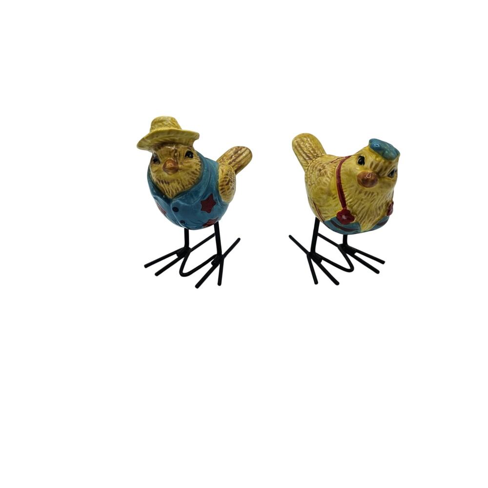 Bird Salt and Pepper Shakers Wire Legs Hat‎ Scarf Pair Ceramic Country Decor